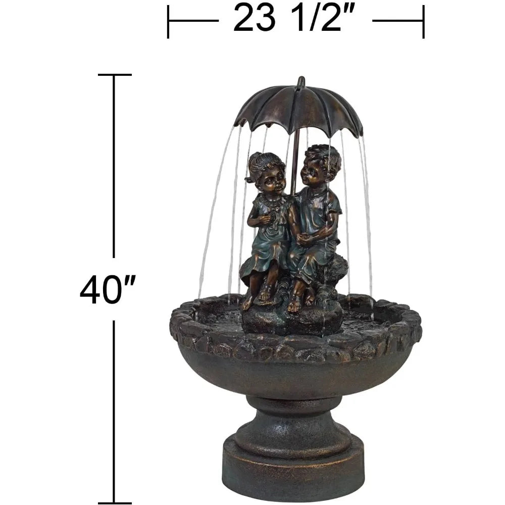 Boy and Girl Under Umbrella Outdoor Floor Water Fountain 40 Inch High Copper Green Bronze Resin for Garden Patio Yard Deck Home Lawn