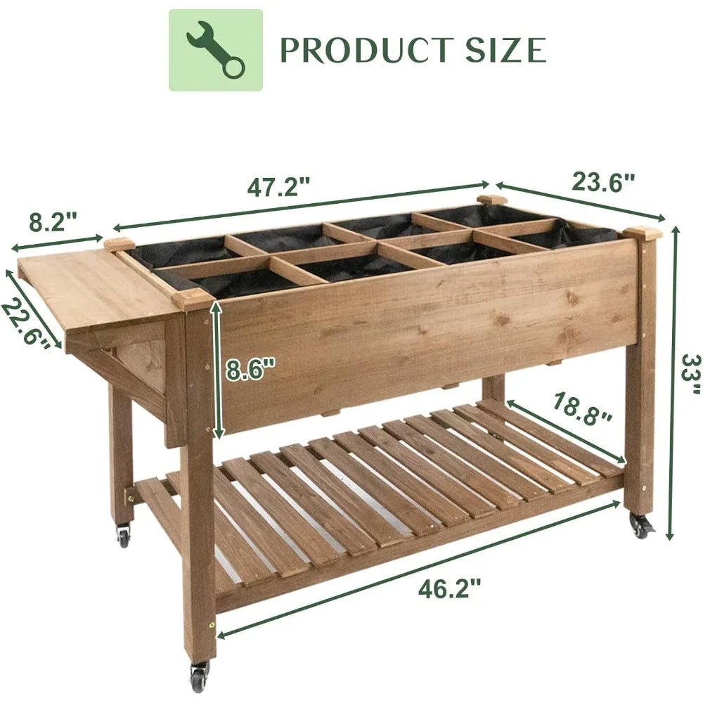 Raised Garden Bed Outdoor with Lockable Wheels 55 Inch x 24 Inch x 33 Inch Elevated Wood Planter Box for Backyard Balcony Patio Garden