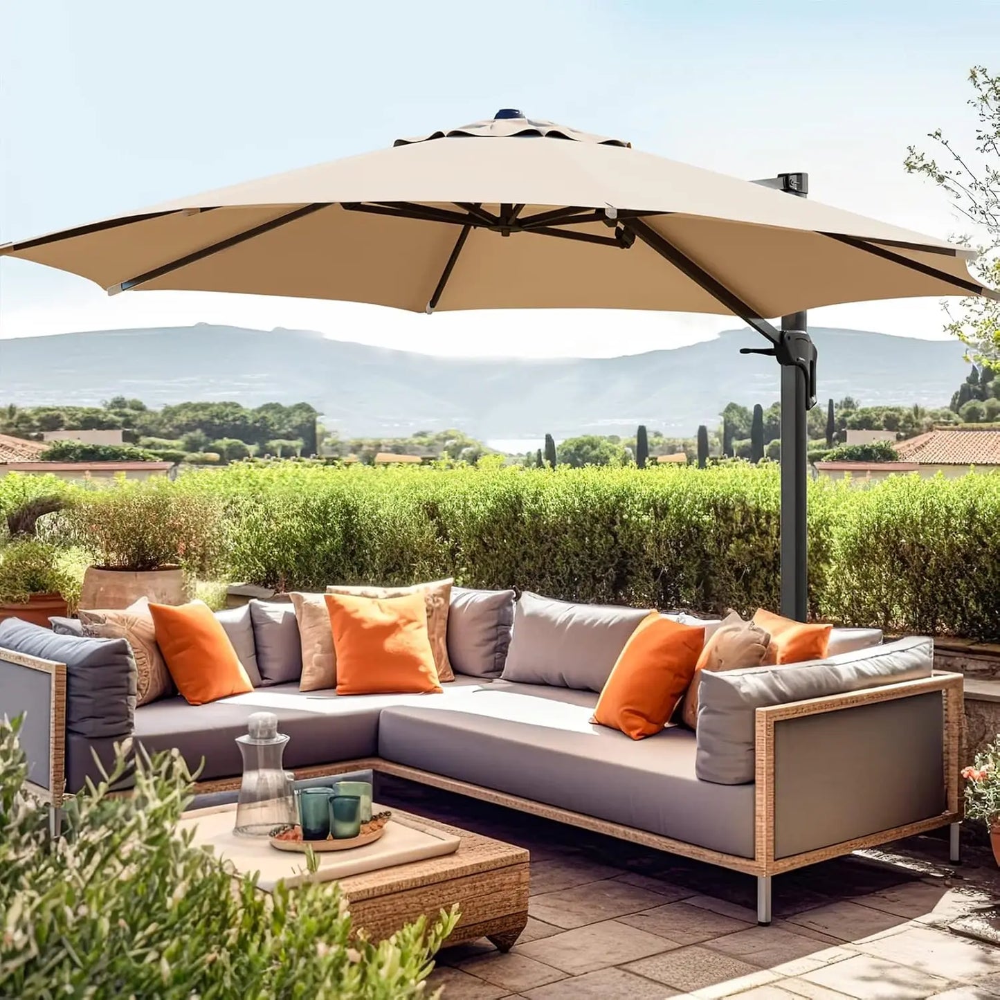 wikiwiki 10x13 FT Rectangular Cantilever Patio Umbrella, Offset Umbrella Outdoor Patio with 360° Rotation and Unlimited Tilting