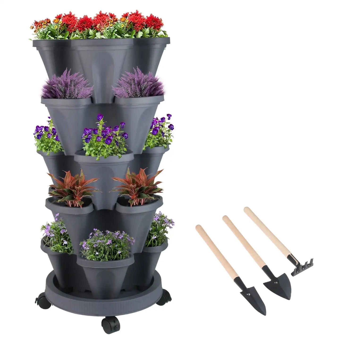 5 Tier Vertical Garden Stackable Planter with Wheels and Self-Watering Tools for Indoor and Outdoor Vegetables Herbs Flowers and Strawberries