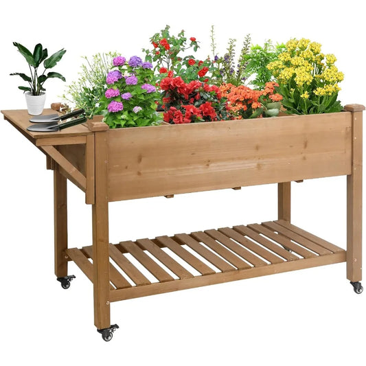 Raised Garden Bed Outdoor with Lockable Wheels 55 Inch x 24 Inch x 33 Inch Elevated Wood Planter Box for Backyard Balcony Patio Garden