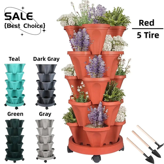 5 Tier Vertical Garden Stackable Planter with Wheels and Self-Watering Tools for Indoor and Outdoor Vegetables Herbs Flowers and Strawberries