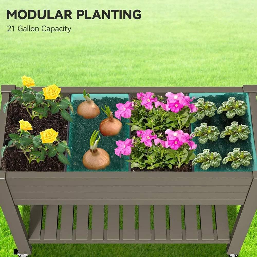 YITAHOME Elevated Garden Bed Kit 3.6x1.5x2.8 FT with Legs and Wheels Outdoor Large Resin Planter Box Stand with Drain Plug