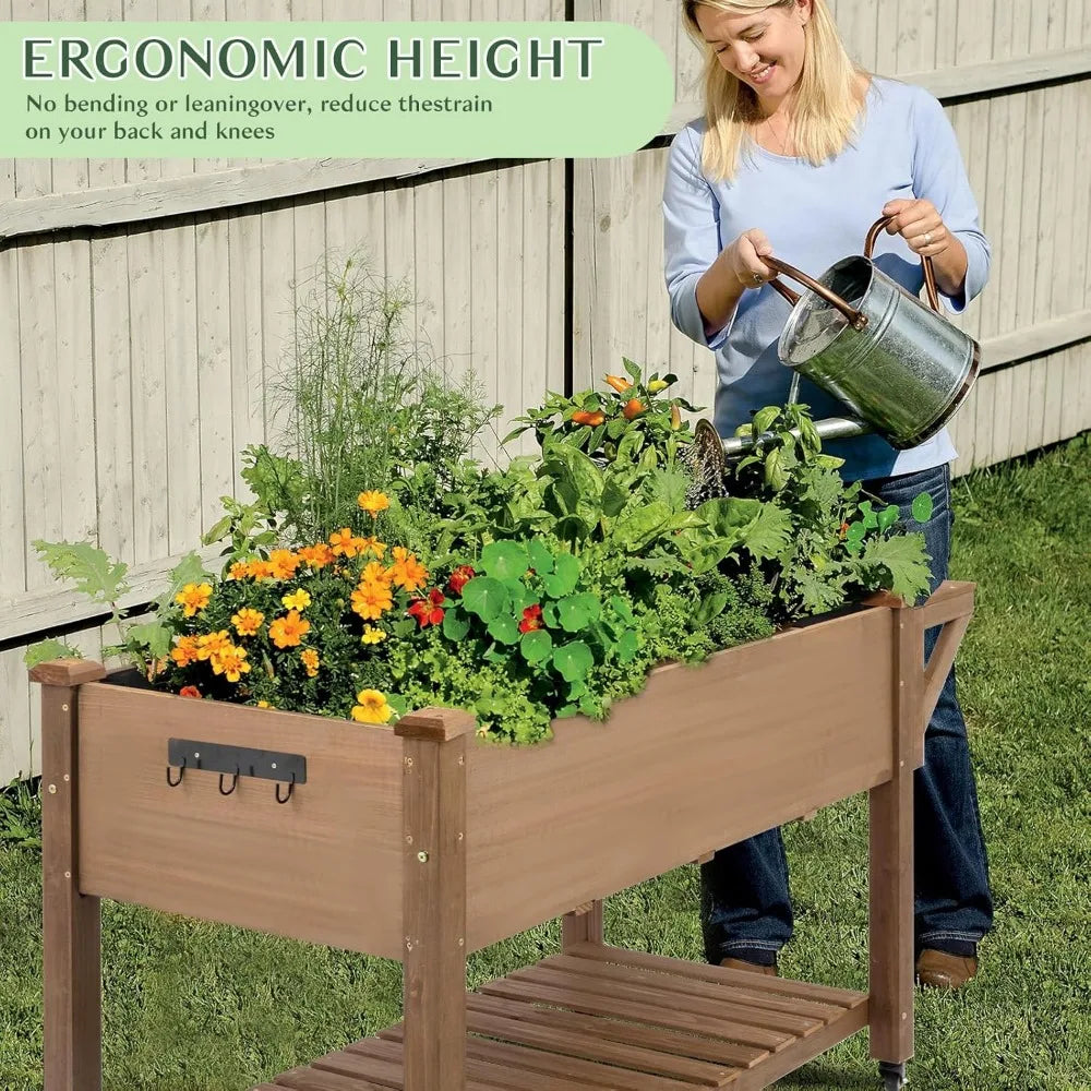 Raised Garden Bed Outdoor with Lockable Wheels 55 Inch x 24 Inch x 33 Inch Elevated Wood Planter Box for Backyard Balcony Patio Garden