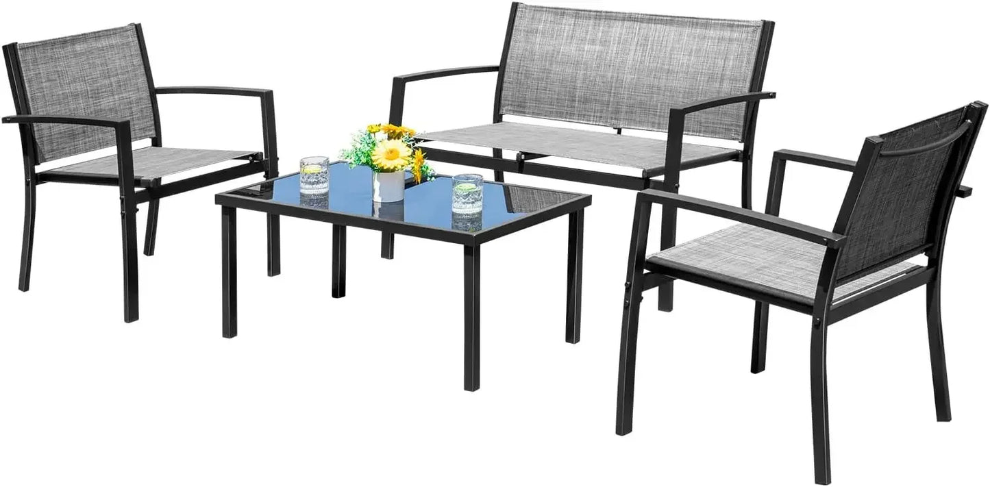 4 Pieces Patio Furniture Set Outdoor Garden Patio Conversation Sets Poolside Lawn Chairs with Glass Coffee Table