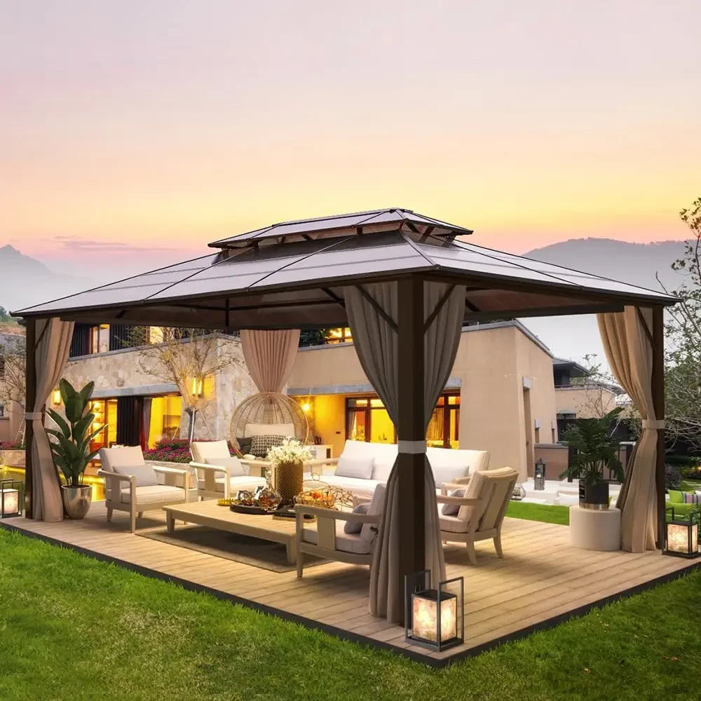 10x13 Hardtop Gazebo Outdoor Polycarbonate Double Roof Canopy Aluminum Frame Permanent Pavilion with Curtains and Netting
