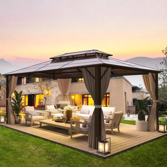 10x13 Hardtop Gazebo Outdoor Polycarbonate Double Roof Canopy Aluminum Frame Permanent Pavilion with Curtains and Netting
