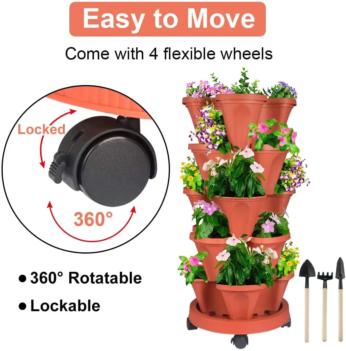 5 Tier Vertical Garden Stackable Planter with Wheels and Self-Watering Tools for Indoor and Outdoor Vegetables Herbs Flowers and Strawberries