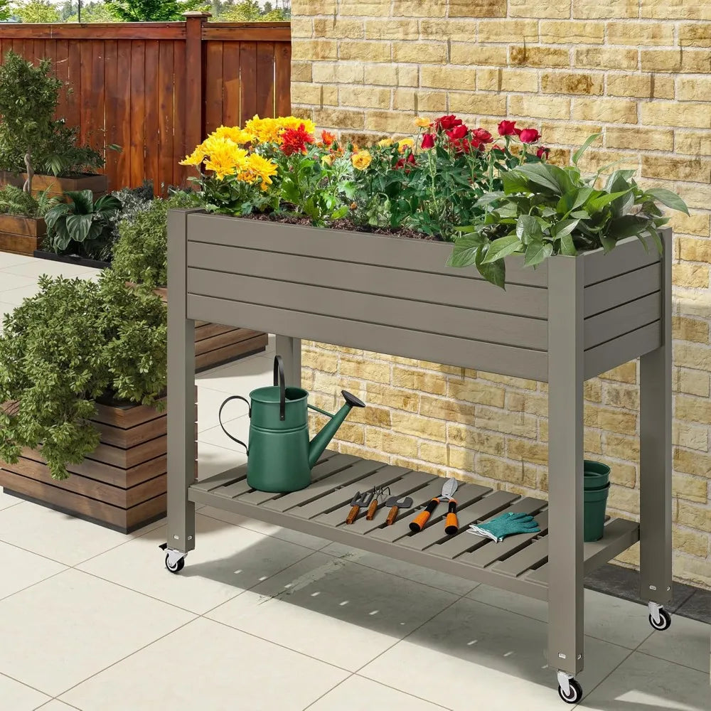 YITAHOME Elevated Garden Bed Kit 3.6x1.5x2.8 FT with Legs and Wheels Outdoor Large Resin Planter Box Stand with Drain Plug
